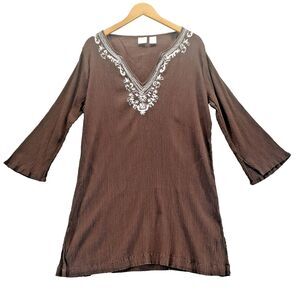 Belize Womens Swimsuit Cover Up Size XXL Brown Embroidered V Neck Long Sleeve